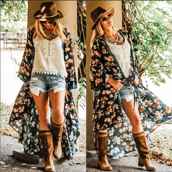 TEAL FLORAL BOHEMIAN OPEN FRONT MAXI LENGTH KIMONO - Picture 8 of 8